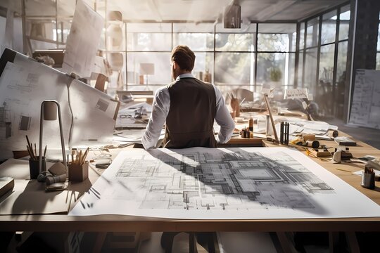 An architect sketching plans in a light-filled studio space.