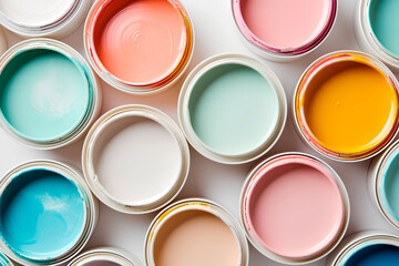 Capture a top view of open paint cans in neutral colors on a light background, creating a minimalist and clean aesthetic.