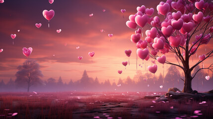 Valentine Wallpaper pink tone with tree and heart balloon - obrazy, fototapety, plakaty