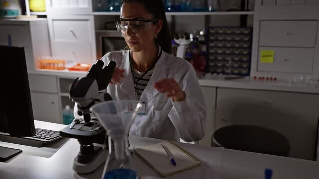 Attractive young hispanic woman scientist, immersed in her night-shift science experiment, meticulously analyzing samples under a microscope, taking notes in her lab notebook
