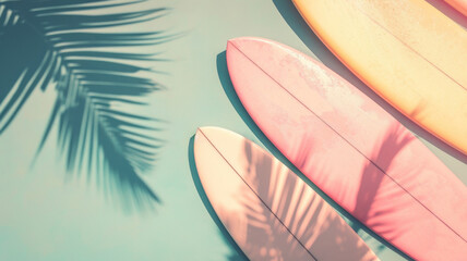 Surfboard on tropical beach background. Vintage tone color style. Generative ai - obrazy, fototapety, plakaty