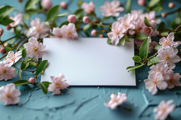 Naklejka na ściany i meble Post paper Card Mockup, Wedding Invitation card Mockup Flat lay Photography against the dried plant and white flowers 