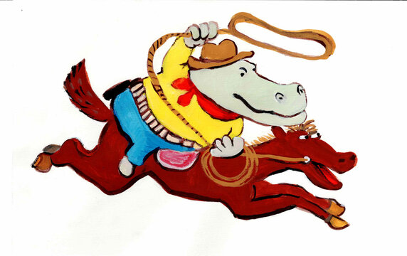 馬に乗って、投げ縄を投げようとする、カバのカウボーイの水彩、手描き、イラスト