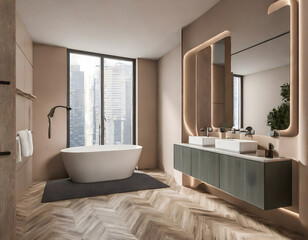Fototapeta na wymiar Beige bathroom interior with double sink and mirror, carpet on hardwood floor. Bathing acces. Generative AI.