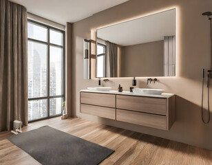 Fototapeta na wymiar Beige bathroom interior with double sink and mirror, carpet on hardwood floor. Bathing acces. Generative AI.