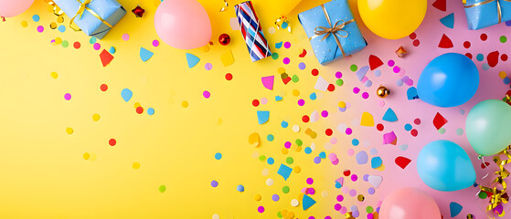 Colorful Balloons and Confetti on Yellow Background