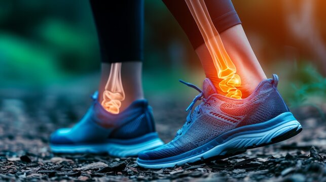 Ankle Pain, Human Ankle X-ray illustration Anatomy, Highlight Bones and Potential injuries