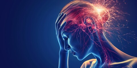 Woman with a headache. expressing pain, migraine - obrazy, fototapety, plakaty