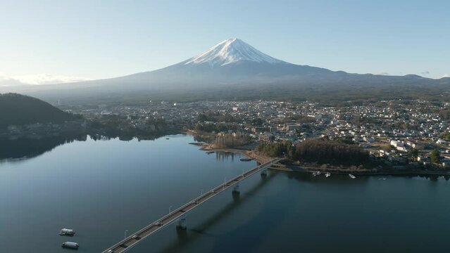 Mount Fuji and bridge at Kawaguchiko Lake in Japan. Shot with drone in the morning