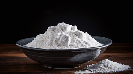 A heap of flour in a bowl on a table.