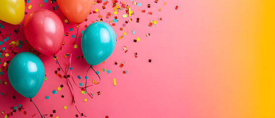 Colorful Balloons and Confetti on Pink and Yellow Background