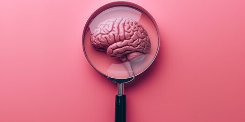 Magnifying glass and human brain on pink background, mental health care concept