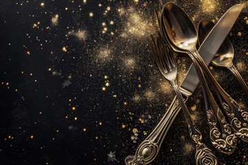 elegant set of silverware consisting of a fork, knife and spoon laid out on a dark background