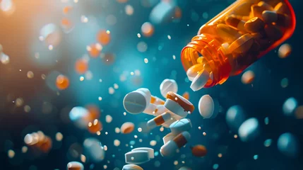 Fotobehang A thought-provoking image of prescription opioids, with a bottle and pills falling against a dark blue background, capturing the gravity of addiction, the opioid crisis, and overdose issues © Tran
