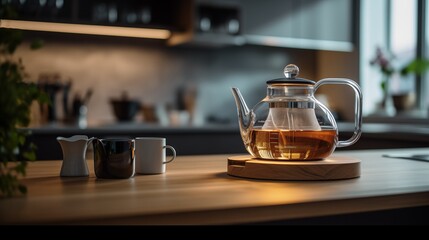 photo of modern glass tea pot on top of kitchen counter - obrazy, fototapety, plakaty
