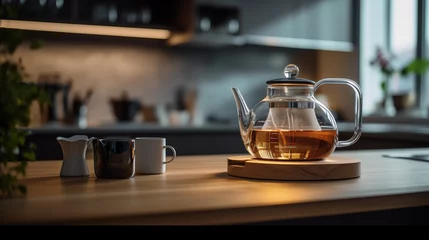 Raamstickers photo of modern glass tea pot on top of kitchen counter © Shohei