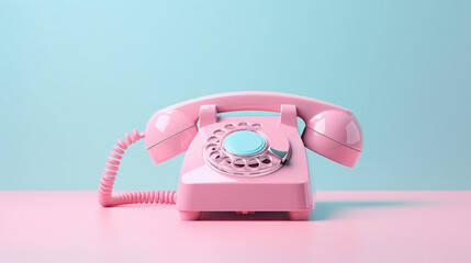 Pink vintage phone isolated on pink table.