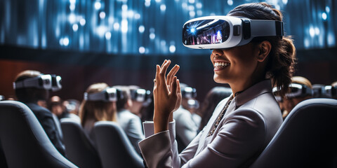 Cutting-Edge Remote Work: Woman Engrossed in Virtual Reality Conference