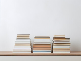 Stack of books on white table and white wall.