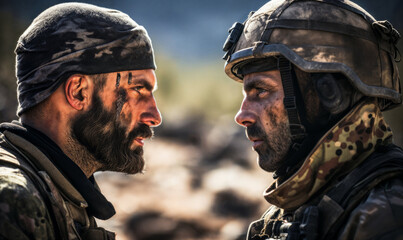 Intense Gaze Between Two Soldiers Standing Face-to-Face in a Desert Setting Confrontation. War conflict concept