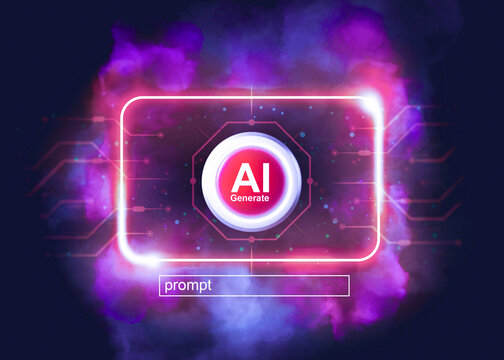 3D rendering illustration , Artificial intelligence AI , image generate button with fields for entering letters below on dark background , AI artificial intelligence technology concept