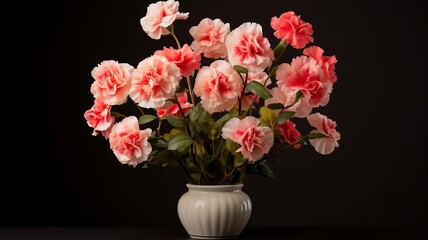 Beautiful vase of carnation flowers on the table with light exposure