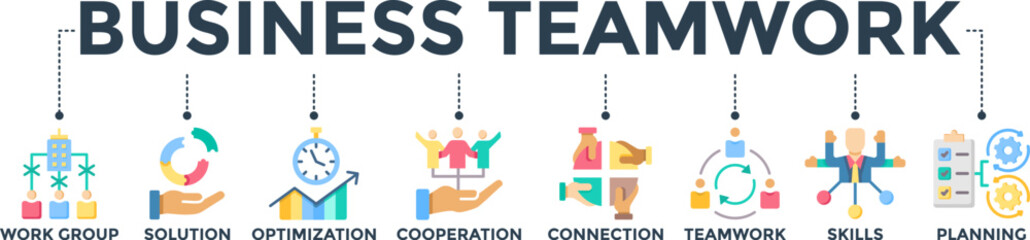 Business teamwork banner web icon concept with the icon of work group, solution, optimization, cooperation, connection, teamwork, skills, and planning. Vector illustration