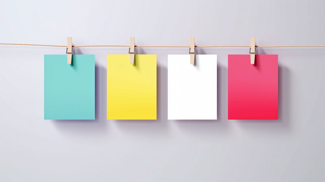Four colorful paper blank notes hanging on the rope with wooden clothespins
