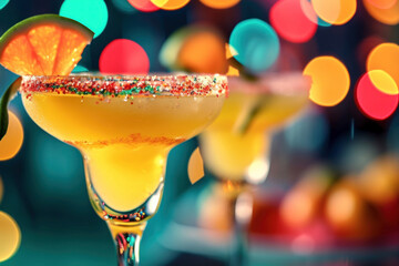 Artfully Crafted Margaritas on a Vibrant Cinco de Drinco: Close-up of expertly crafted Margaritas, showcasing the vibrant colors and intricate details of the cocktail glasses. Cocktail photography.