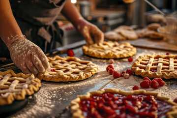Close-up of woman's hands making homemade tartlets with raspberries and strawberries.