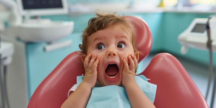 Babu scared shocked with open mounth sitting in dentist chair exposing white teeth. Creative banner with funny child kid for pediatric dentistry. Children treatment teeth, medical checkup concept