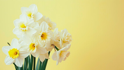 White daffodils on a yellow background with copy space.