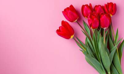 Bouquet of red tulips on a pink background. Top view.
