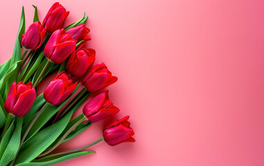 Bouquet of red tulips on pink background with copy space.