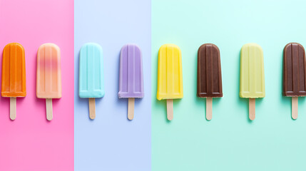 Assortment of cold summer fruit popsicles isolated on a blue background