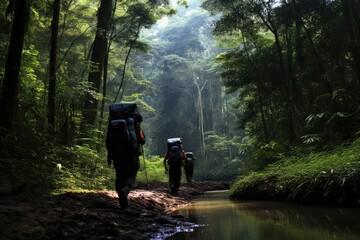 Trekking through the Amazon rainforest.