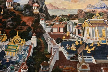 Close-up of a mural along the Phra Rabiang corridor (Ramakien Gallery), depicting a scene from ancient Thai mythology - Wat Phra Kaew, or the Temple of the Emerald Buddha in Bangkok, Thailand 