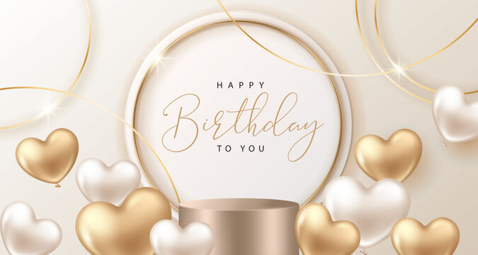 Happy Birthday banner for product demonstration. Gold pedestal or podium with heart-shaped balloons on beige background.