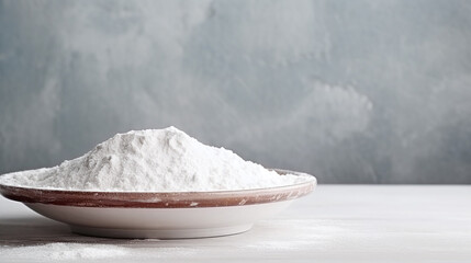Heap of flour in a plate on the table.