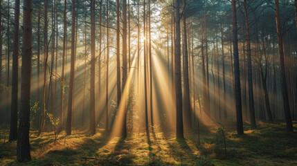The rising sun's rays filtering through a forest of trees in this nature background, giving a calm meditative scene