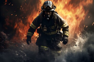 A firefighter in full gear rushing to a rescue mission.