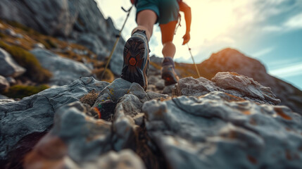 Hiker Ascending Rocky Mountain Terrain at Sunset 
