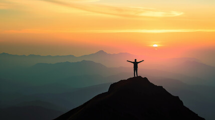 Silhouette of a Person on Mountain Peak at Sunset