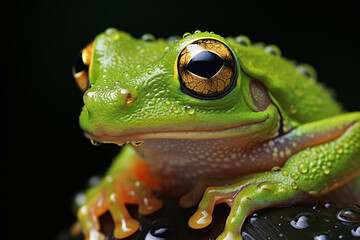 Close-up photograph of a dew-kissed green tree frog