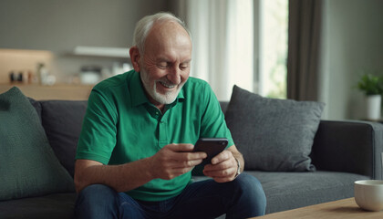 Happy older man checking social media holding smartphone sitting on a sofa at home.