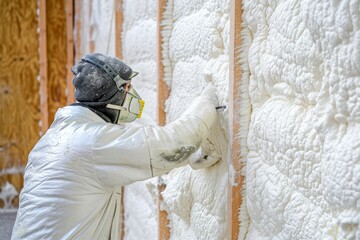 The worker insulates the wall of the house with foam.