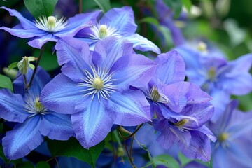 Beautiful blue and big flowers of clematis.