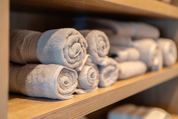 Obraz na płótnie Canvas Close up of shelf with rolled bath towels at hotel spa.