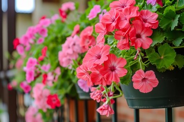 Pink red pelargonium flowers growing on balcony.