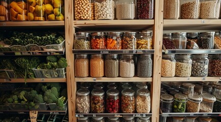 Zero waste shop interior details. Wooden shelves with different food. - obrazy, fototapety, plakaty